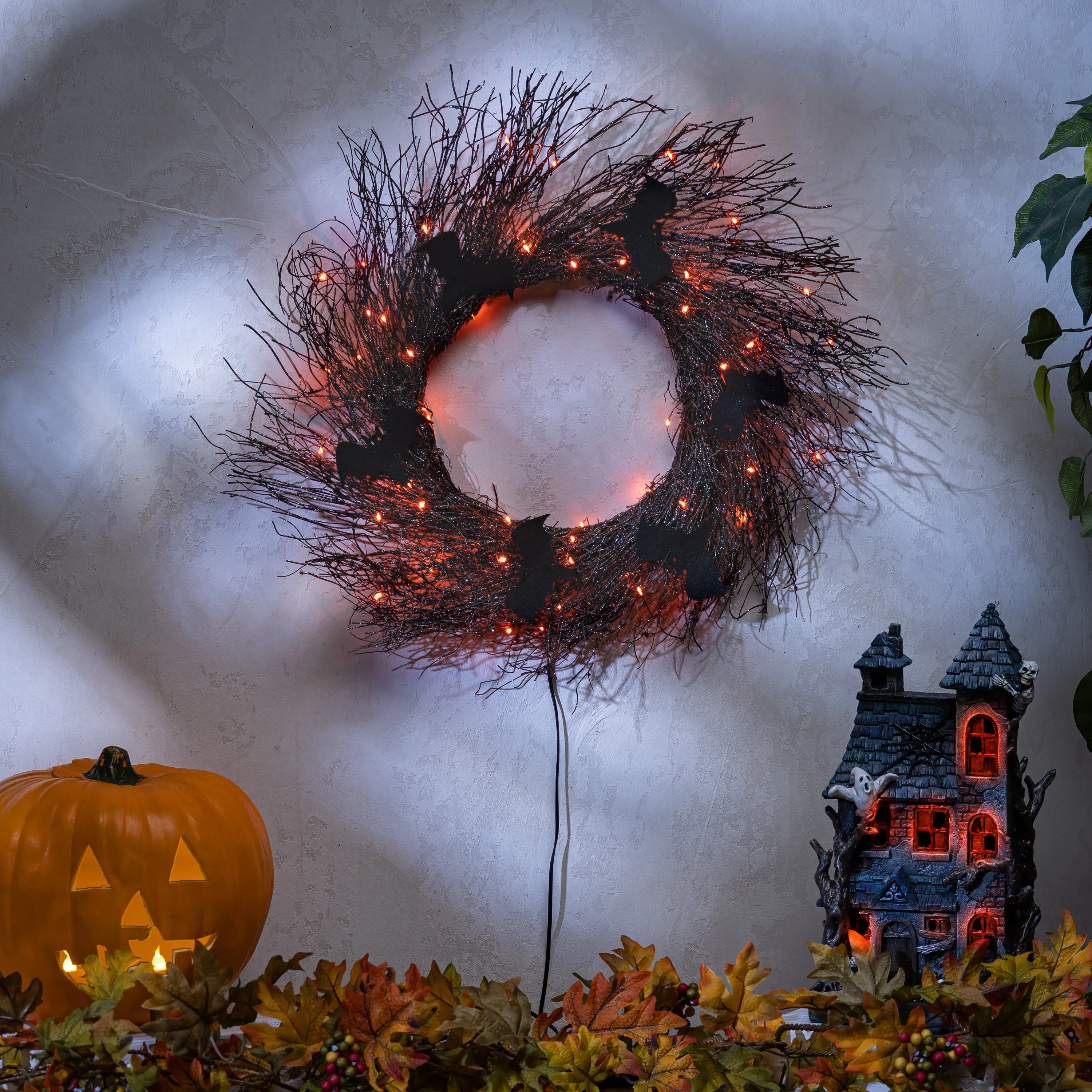 20 in Black Halloween Twig Wreath with Bats and Orange LEDs