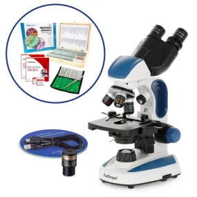 AmScope B110 Series Premium Student Lab Binocular Compound Microscope Bundles: 40X-1000X dual LED, Ergonomic, with Digital Camera, Tweezers, and Prepared Microscope Slide Set