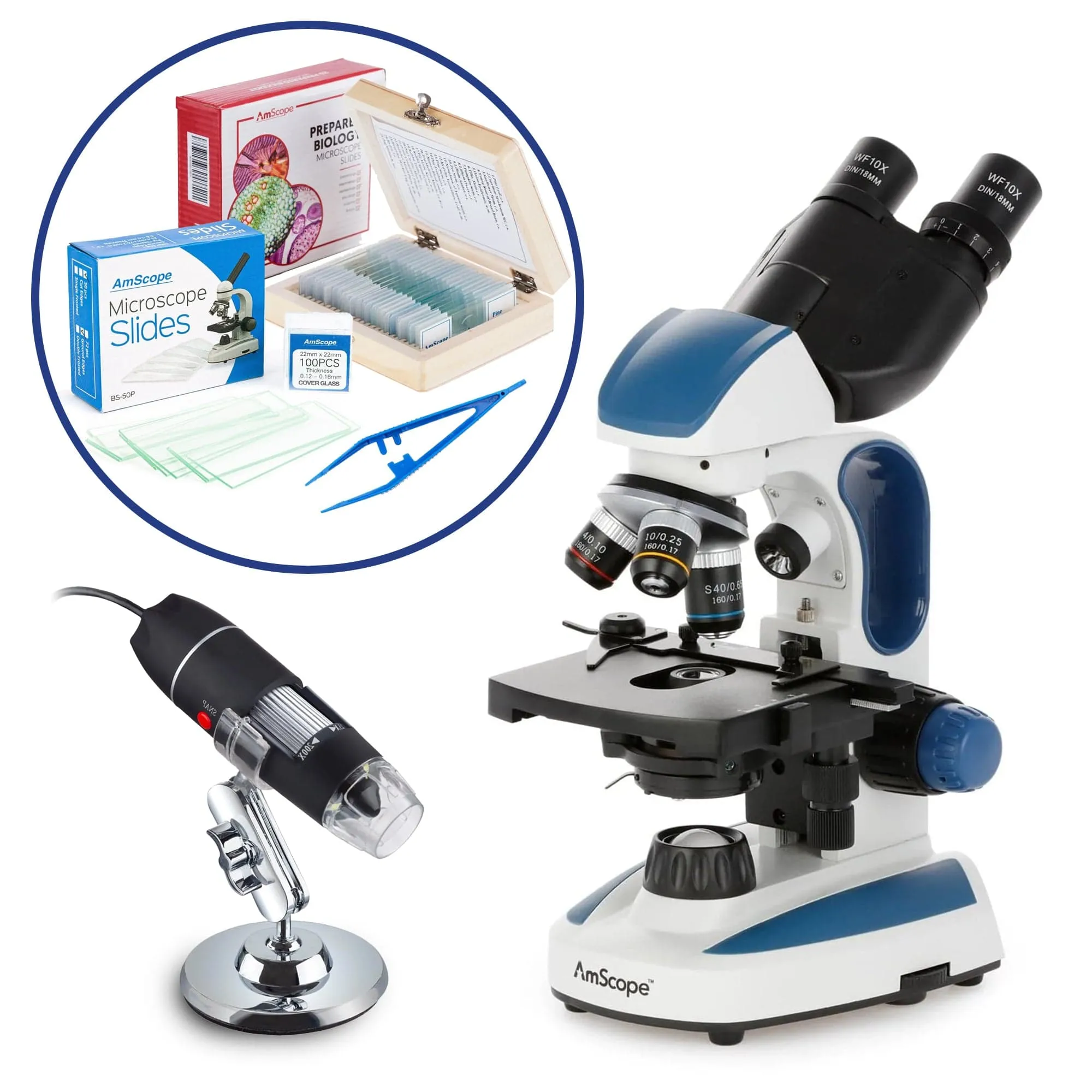 AmScope B110 Series Premium Student Lab Binocular Compound Microscope Bundles: 40X-1000X dual LED, Ergonomic, with Digital Camera, Tweezers, and Prepared Microscope Slide Set