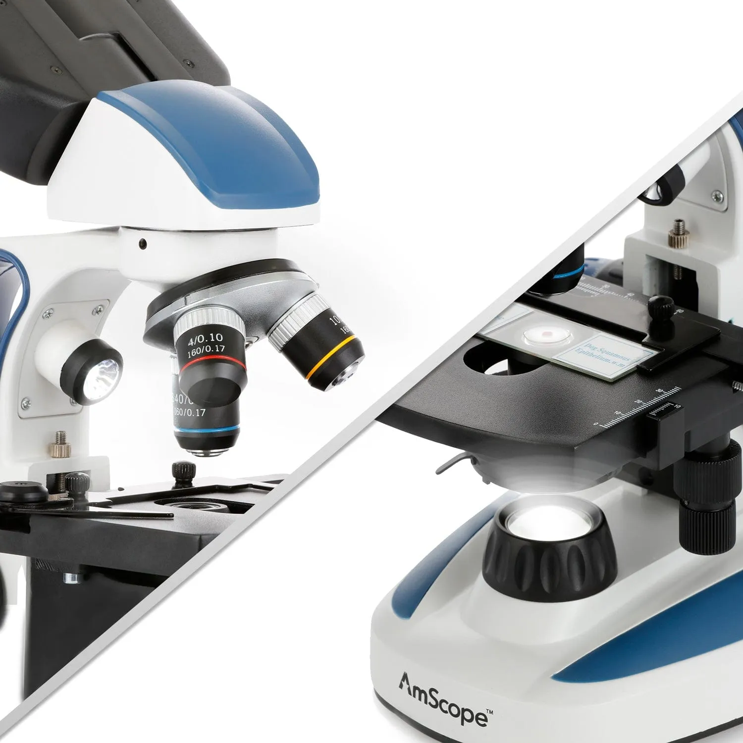 AmScope B110 Series Premium Student Lab Binocular Compound Microscope Bundles: 40X-1000X dual LED, Ergonomic, with Digital Camera, Tweezers, and Prepared Microscope Slide Set