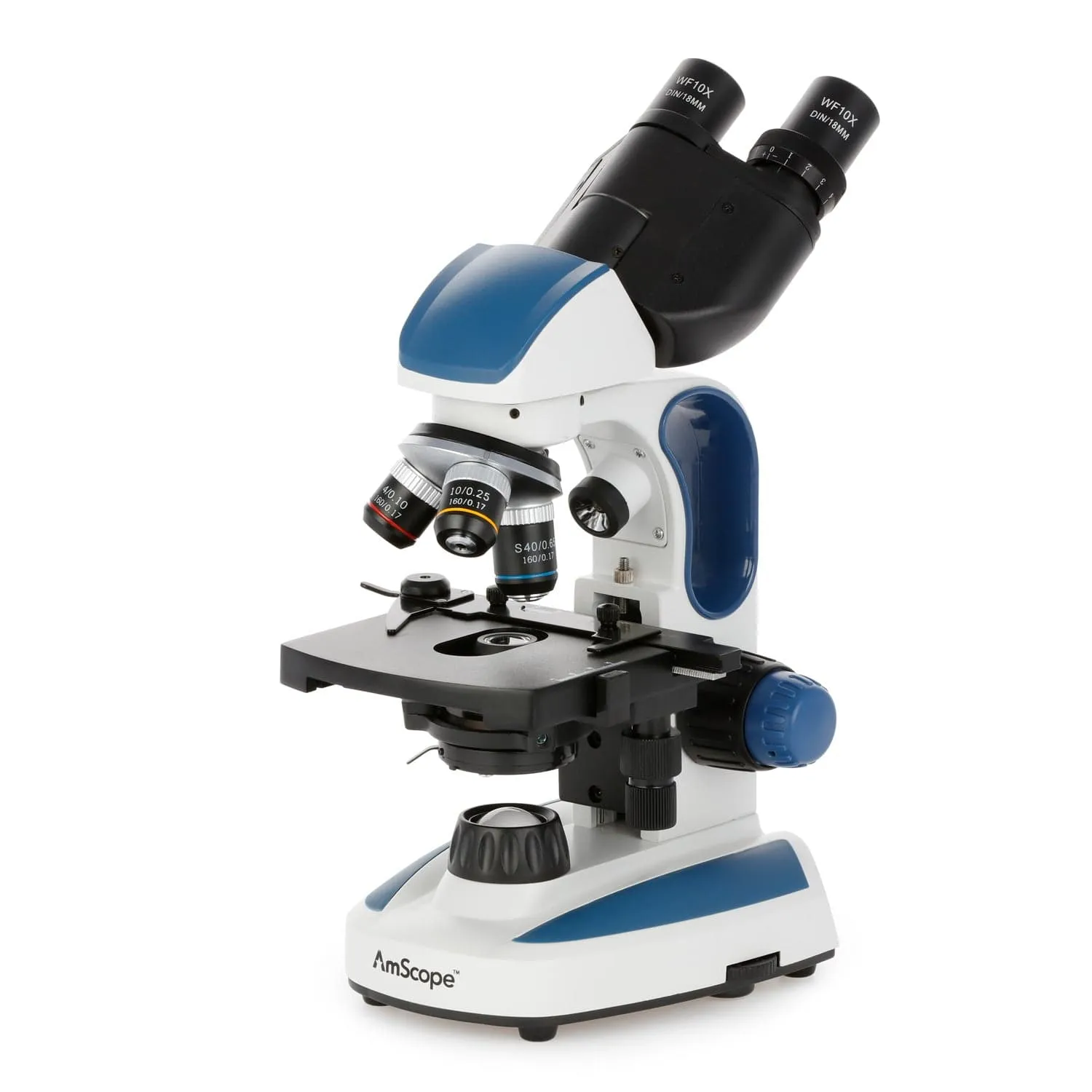 AmScope B110 Series Premium Student Lab Binocular Compound Microscope Bundles: 40X-1000X dual LED, Ergonomic, with Digital Camera, Tweezers, and Prepared Microscope Slide Set