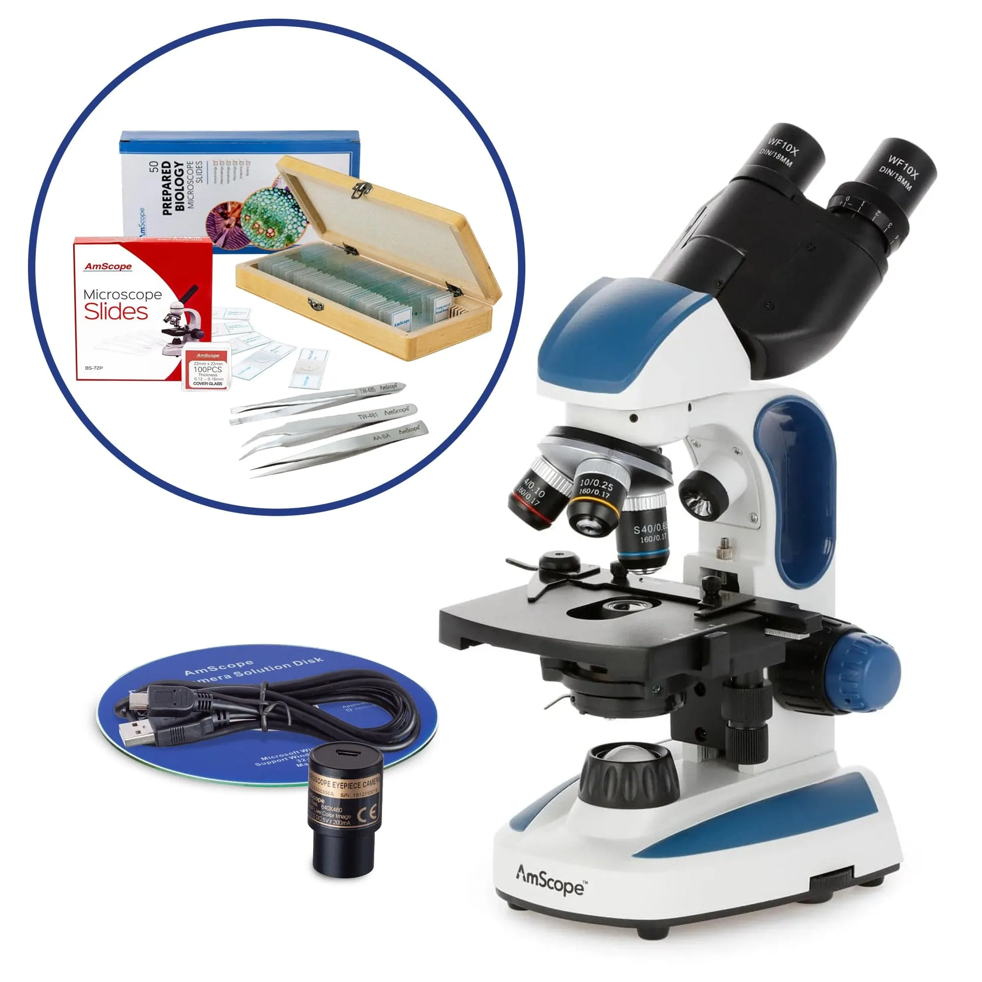 AmScope B110 Series Premium Student Lab Binocular Compound Microscope Bundles: 40X-1000X dual LED, Ergonomic, with Digital Camera, Tweezers, and Prepared Microscope Slide Set