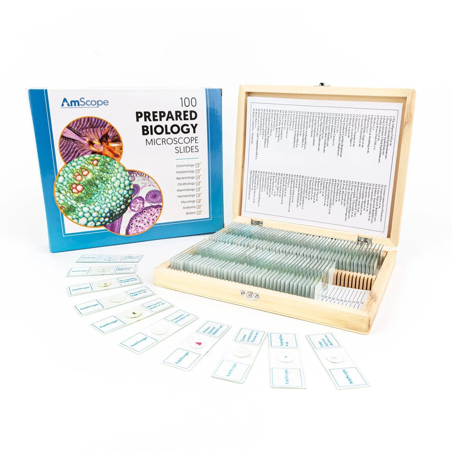 AmScope B110 Series Premium Student Lab Binocular Compound Microscope Bundles: 40X-1000X dual LED, Ergonomic, with Digital Camera, Tweezers, and Prepared Microscope Slide Set