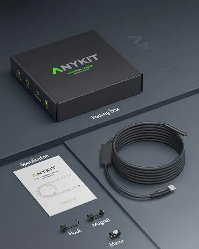 Anykit USB Endoscope Camera with 8 Adjustable LED Lights, Borescope with Semi-Rigid Snake Camera, IP67 Waterproof USB Inspection Camera for Phone & Tablet (9.8 ft)
