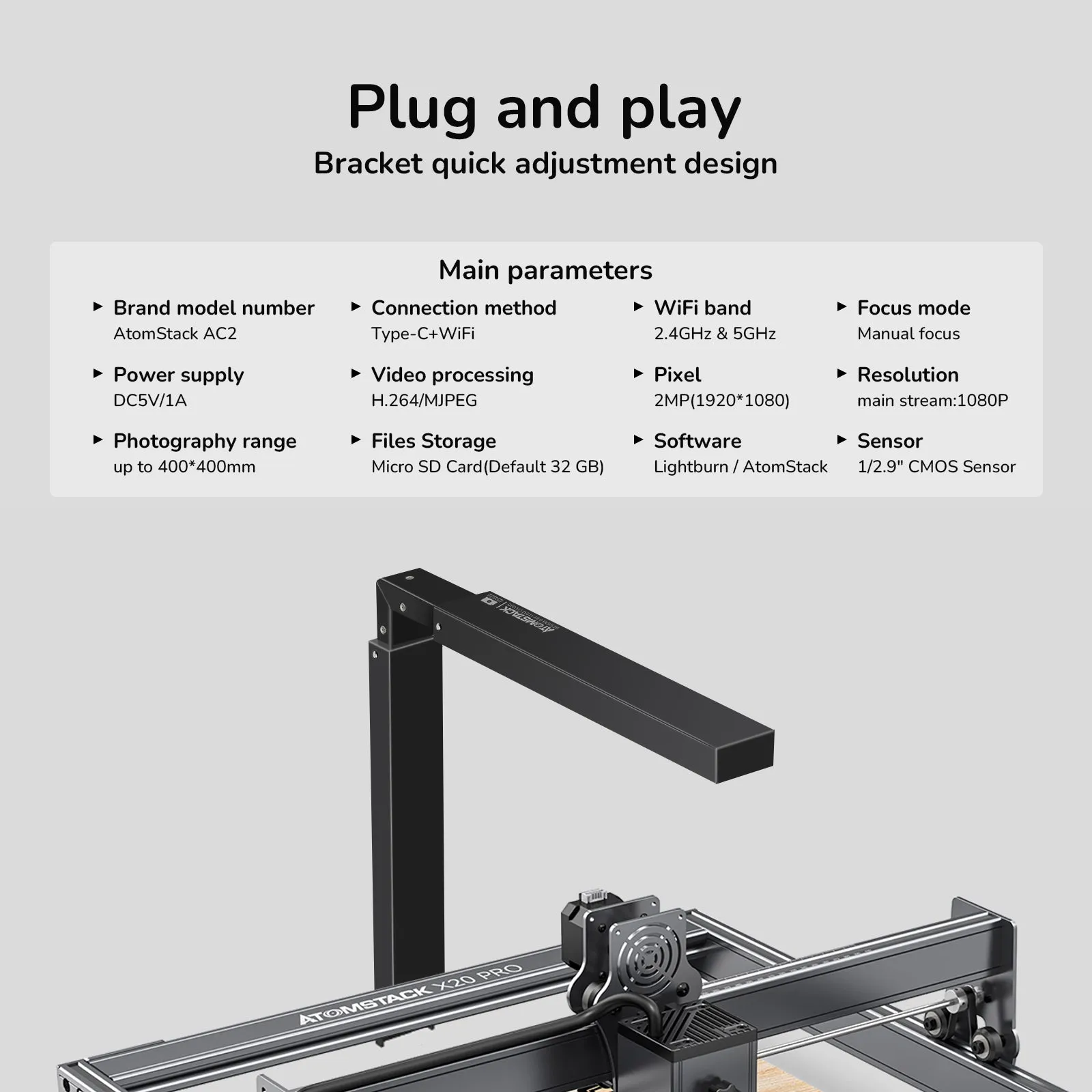 ATOMSTACK AC2 LightBurn Camera For Laser Engraving Machines 1080P HD Video Visual Preview WiFi Connection Real-Time Remote Monitoring Precise Positioning 32GB Memory Card
