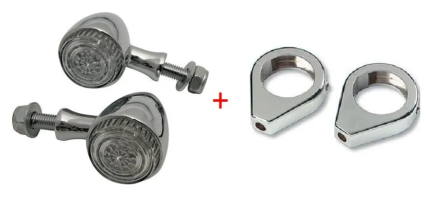 Bullet LED Turn Signals/Indicators (Pair)   41mm Fork Clamps - Chrome - Highway Hawk 68-203200 & 68-622
