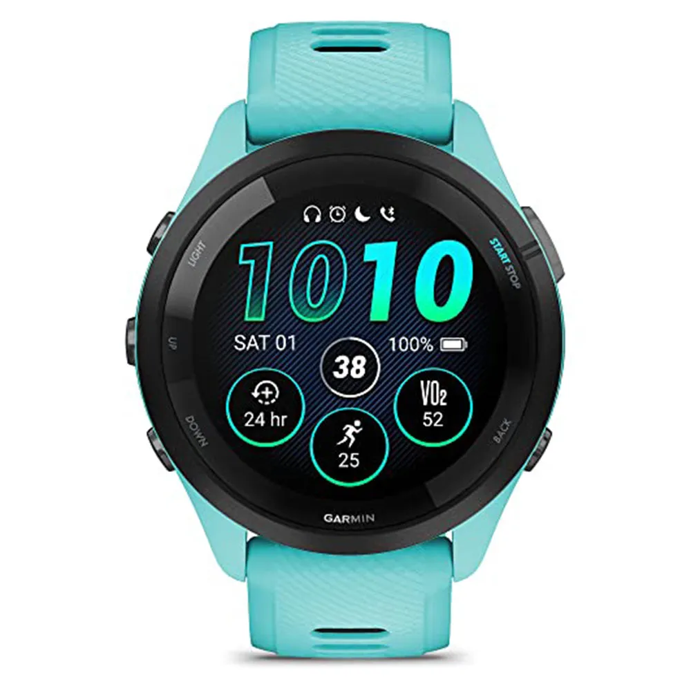 Garmin Forerunner 265 Aqua and Black Silicone Band Colorful AMOLED Display Training Metrics and Recovery Insights Running Smartwatch - 010-02810-02