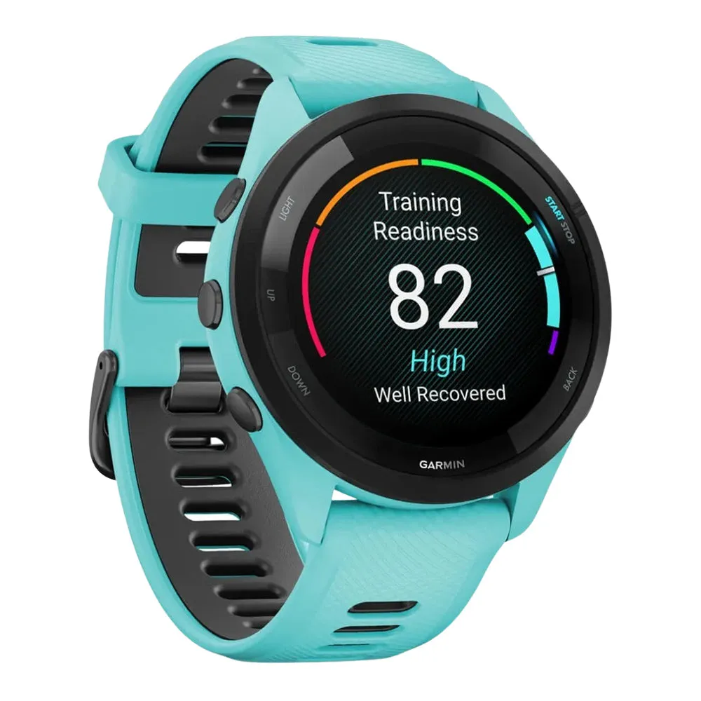 Garmin Forerunner 265 Aqua and Black Silicone Band Colorful AMOLED Display Training Metrics and Recovery Insights Running Smartwatch - 010-02810-02
