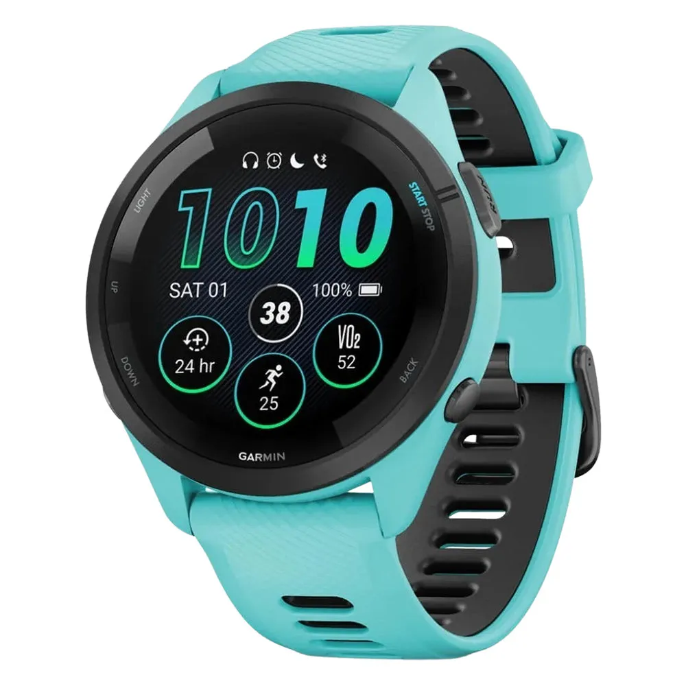 Garmin Forerunner 265 Aqua and Black Silicone Band Colorful AMOLED Display Training Metrics and Recovery Insights Running Smartwatch - 010-02810-02
