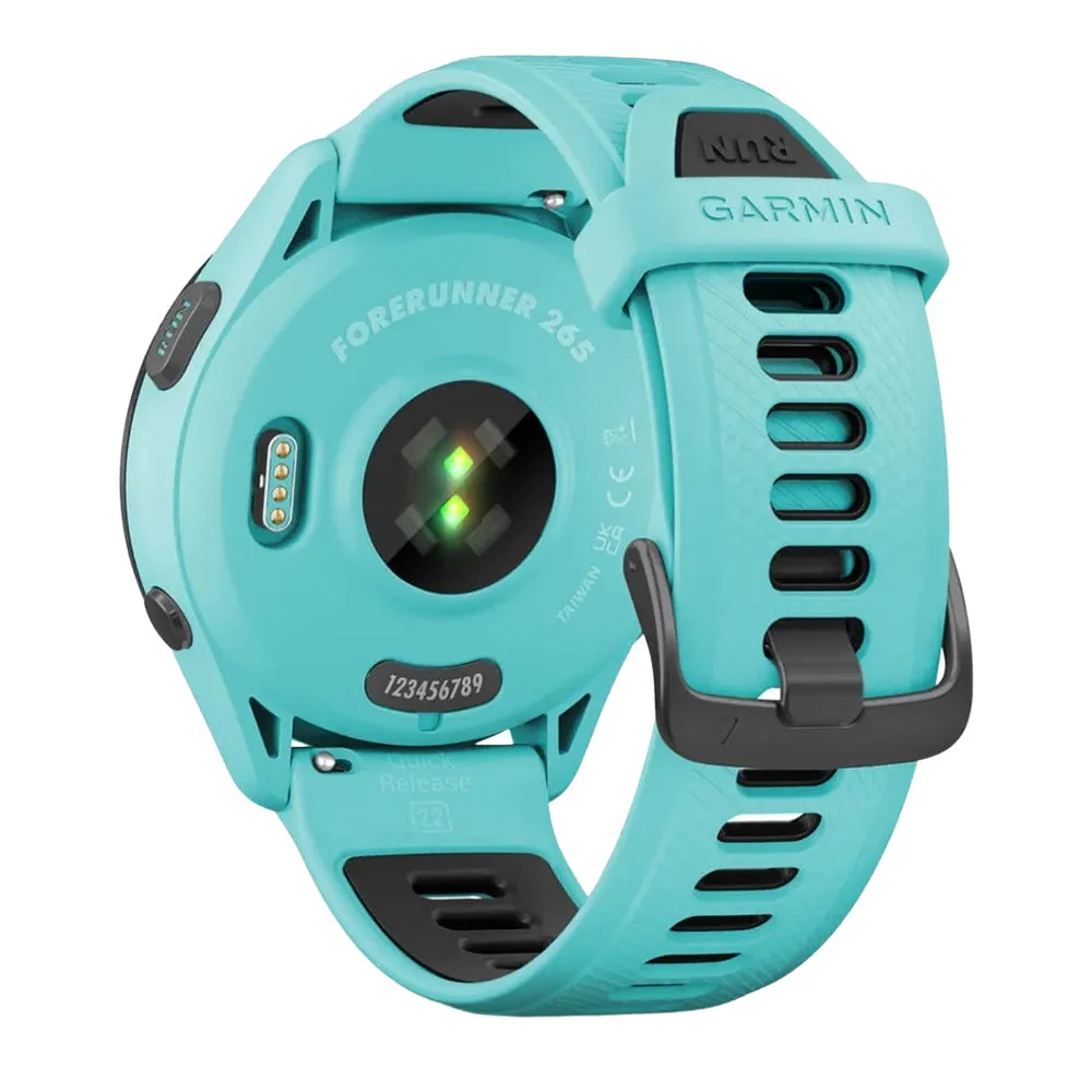Garmin Forerunner 265 Aqua and Black Silicone Band Colorful AMOLED Display Training Metrics and Recovery Insights Running Smartwatch - 010-02810-02