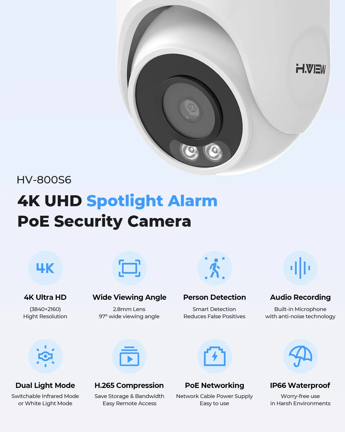 H.VIEW 8 Channels 4K 8MP PoE Security Camera System, Smart Dual Illumination, Audio Recording, Person Detection, HVK8-800S6-8MP