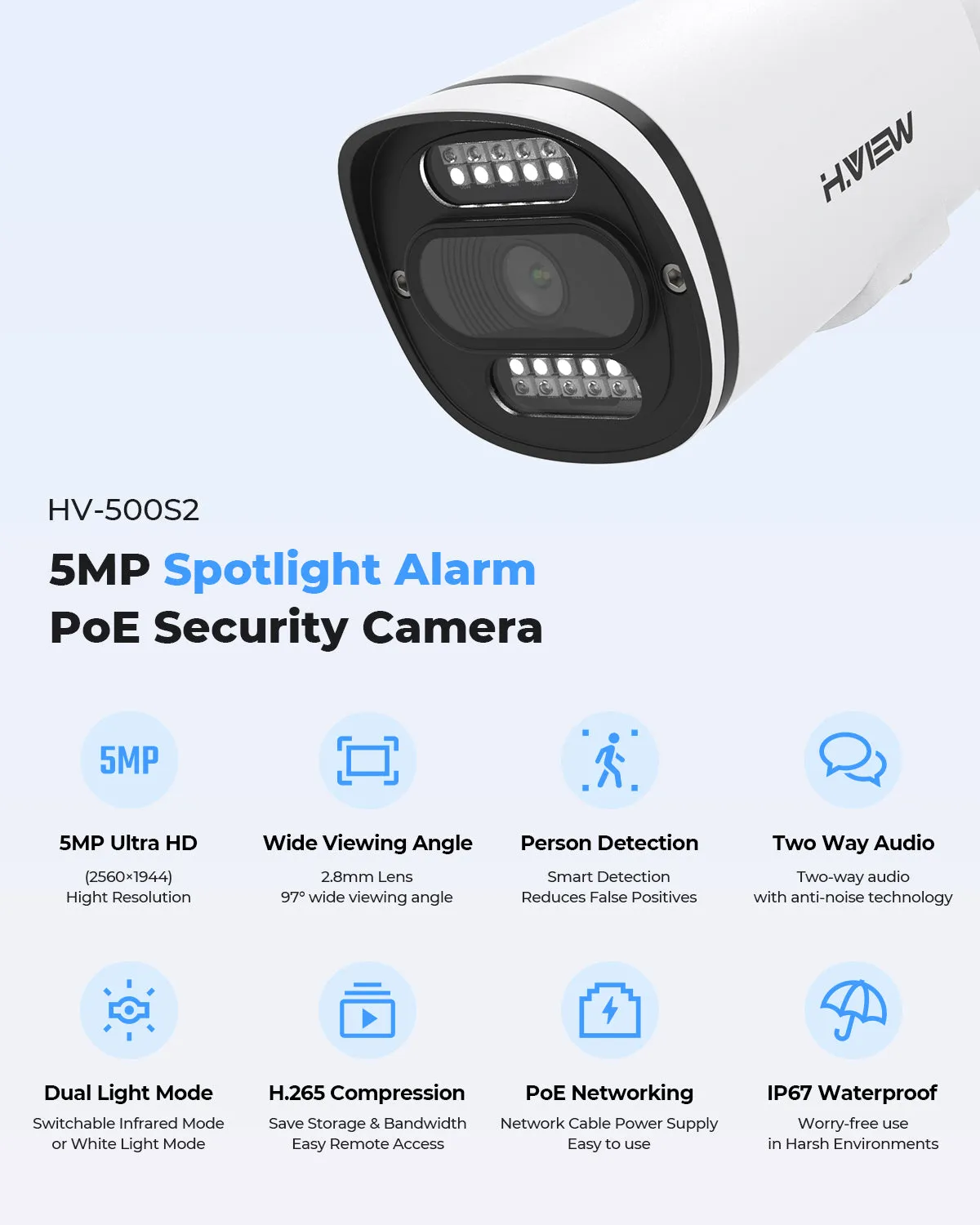 H.VIEW 8 Channels 5MP PoE Security Camera System, Smart Dual Illumination, Audio Recording, Person Detection, HVK8-500S2 500S6-5MP
