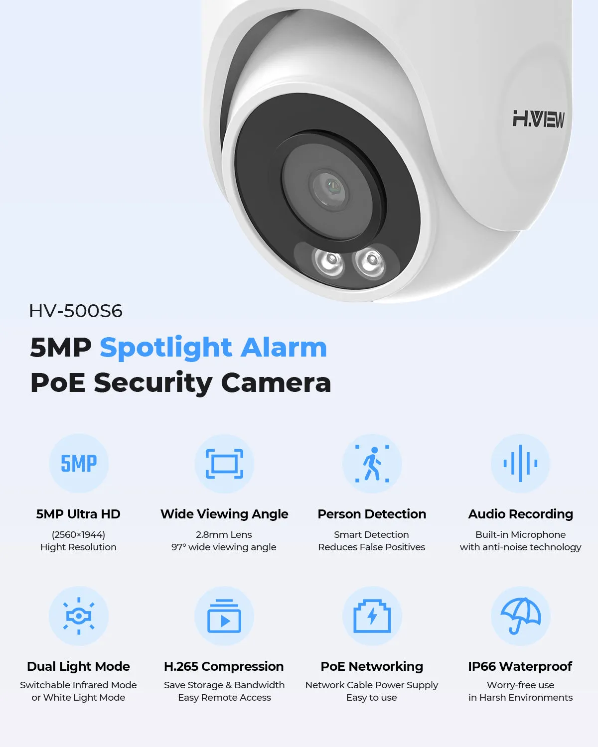 H.VIEW 8 Channels 5MP PoE Security Camera System, Smart Dual Illumination, Audio Recording, Person Detection, HVK8-500S6-5MP