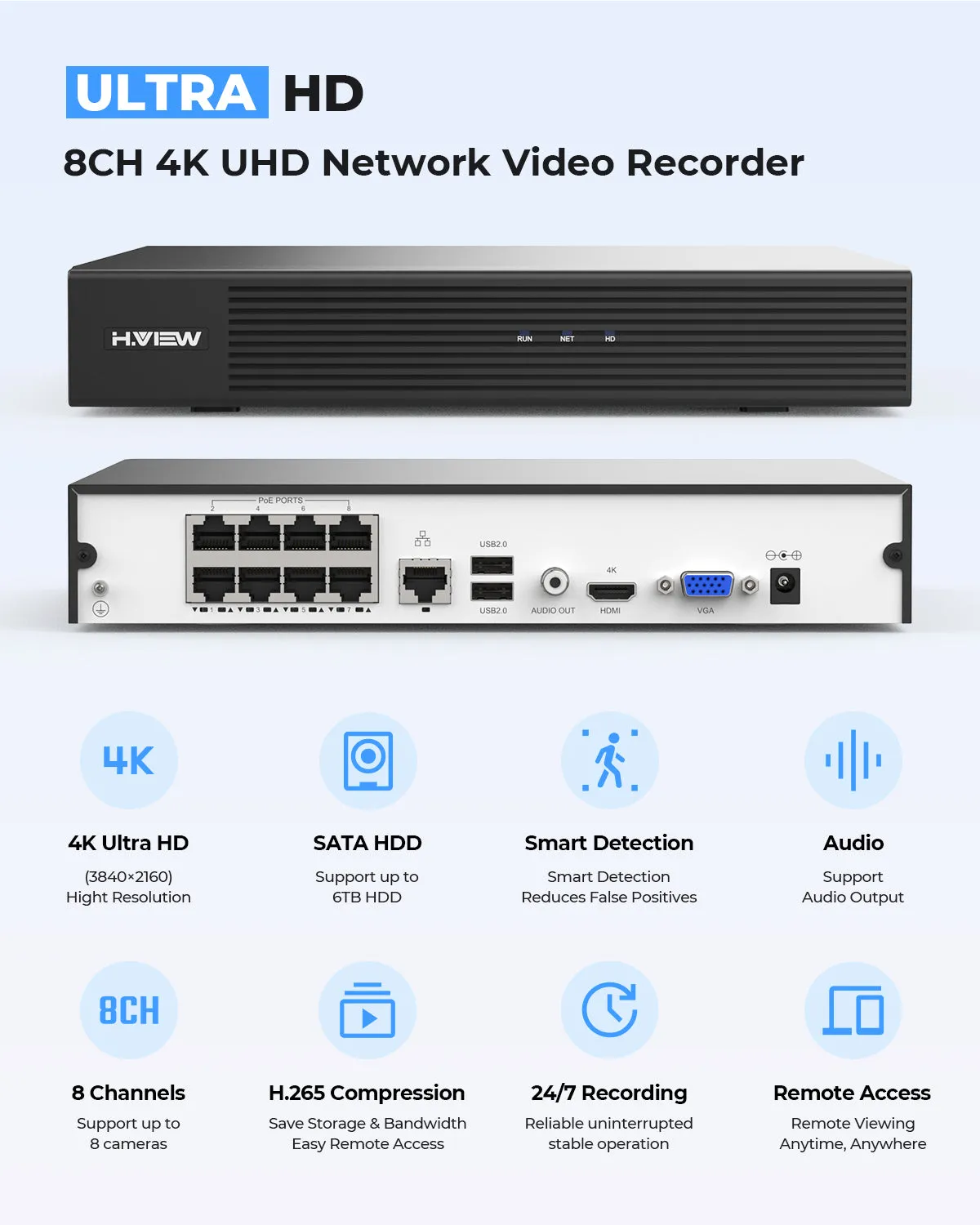 H.VIEW 8 Channels 5MP PoE Security Camera System, Smart Dual Illumination, Audio Recording, Person Detection, HVK8-500S6-5MP