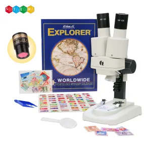IQCrew By AmScope Kid's SE102 Series Deluxe Binocular Stereo Microscope 20X-50X Magnification on Track Stand with Digital Color Eyepiece Camera   Worldwide Postage Stamp Collecting Activity Kit     Dual-Illumination