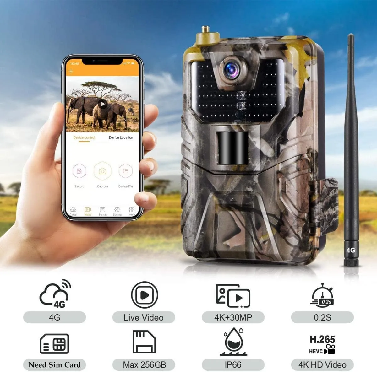 LTE 4G Cellular Trail Cameras 30MP 4k Live Video Wireless Camera for Wildlife Monitoring with 120°Detection Range Motion Activated Night Vision Waterproof
