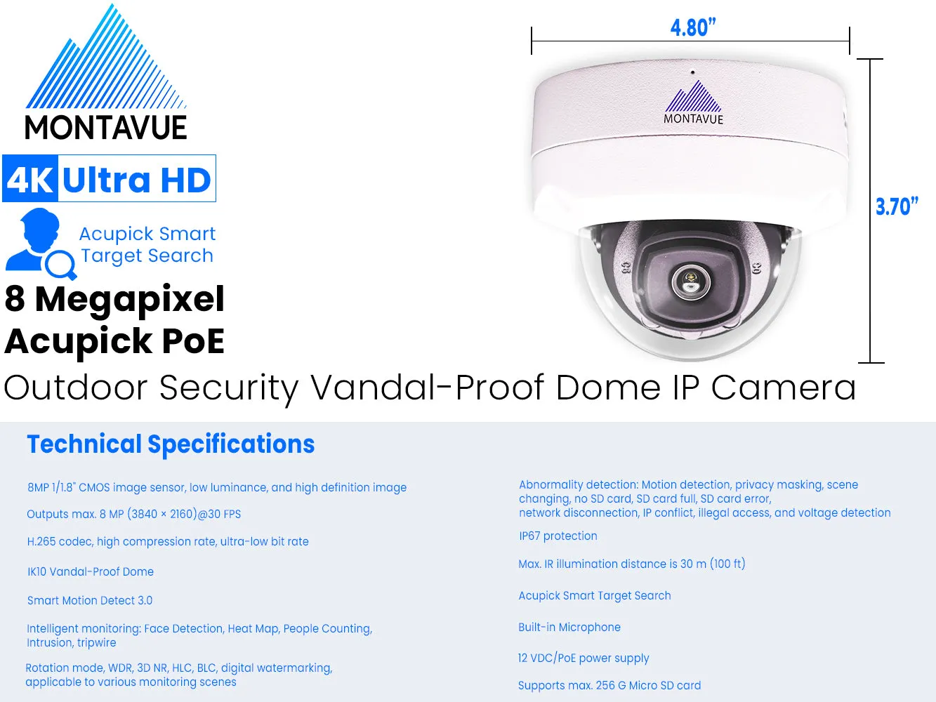 MTD8110-SMD3-AP-E | 8MP 4K 30FPS Acupick Vandal-Proof Dome Camera with ePoE and SMD 3.0