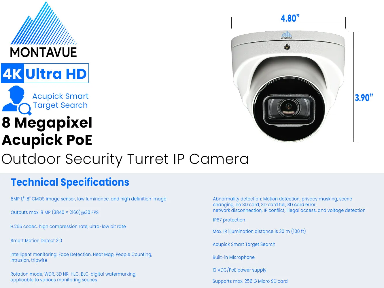 MTT8110-SMD3-AP-E | 8MP 4K 30FPS Acupick Turret Camera with ePoE and SMD 3.0