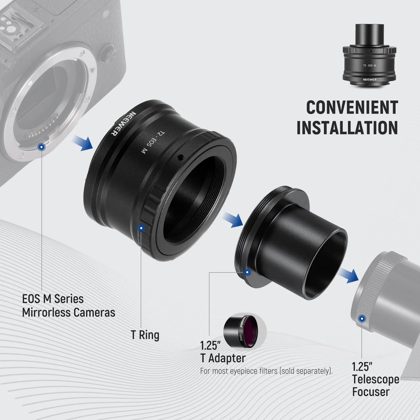 NEEWER EF-M to T2 Adapter with 1.25" Telescope Adapter Set