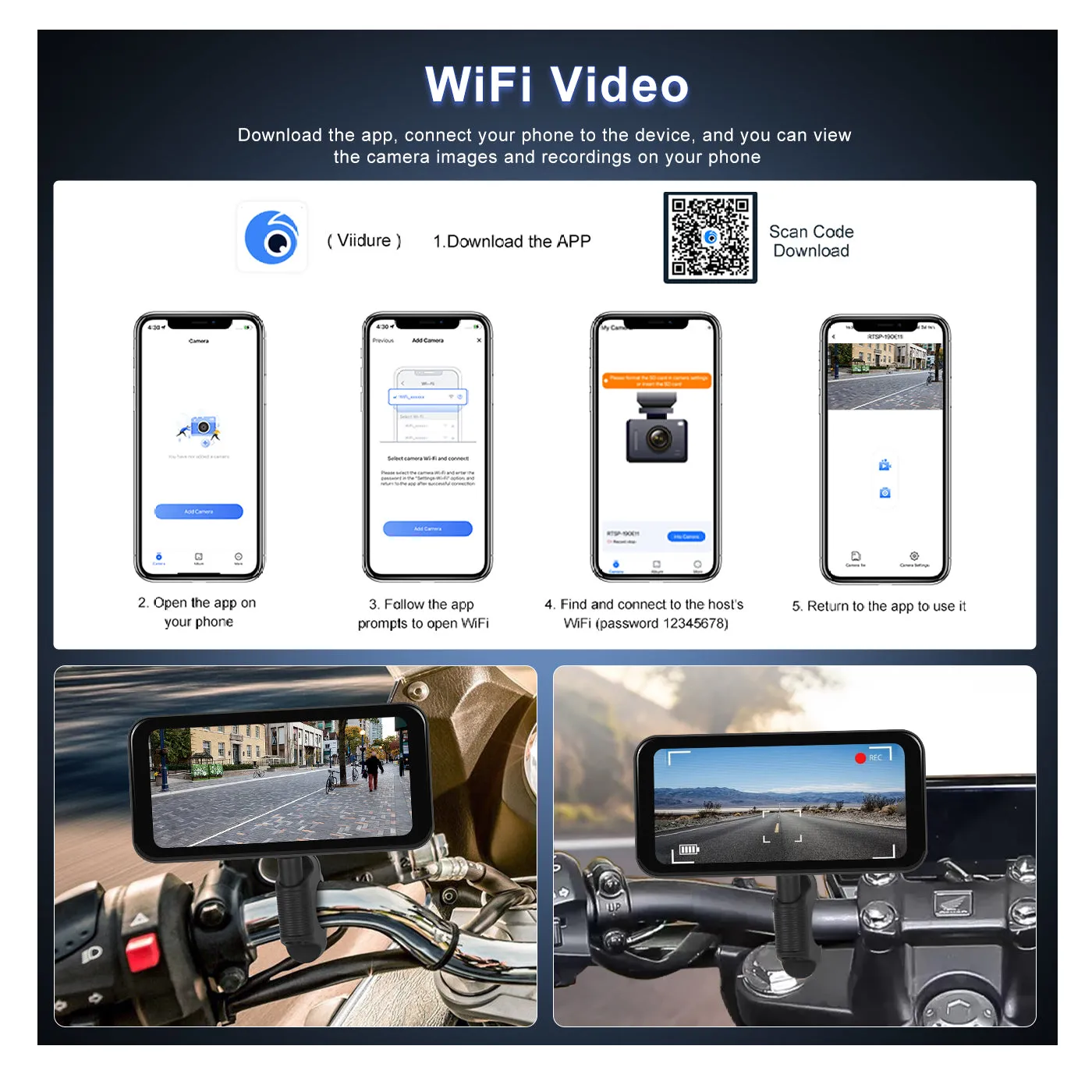 Podofo 6.25-inch navigator for motorbike Portable Smart Carplay Supports Android Auto, Front&Back Camera, With Steering Wheel Control DVR Waterproof IP67