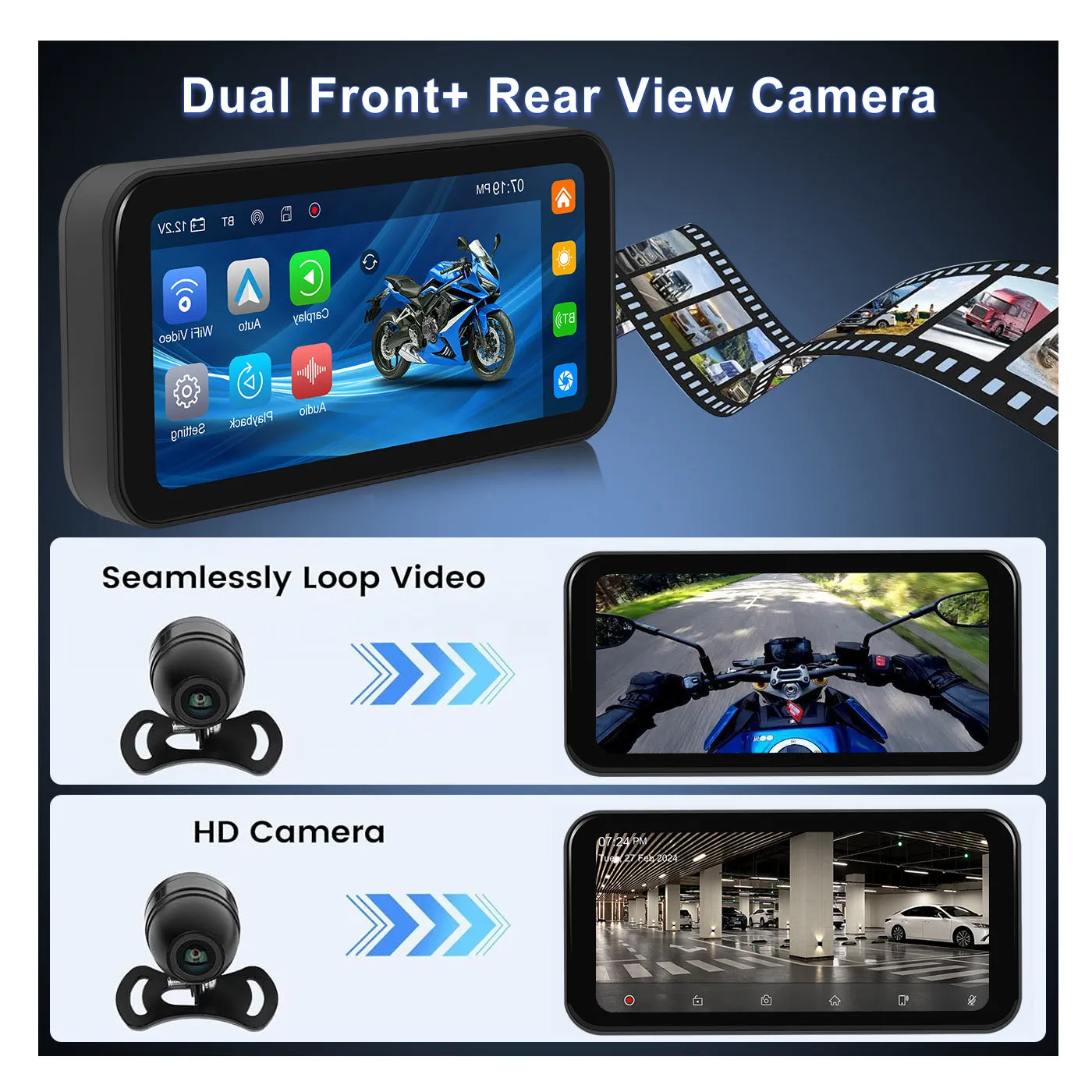 Podofo 6.25-inch navigator for motorbike Portable Smart Carplay Supports Android Auto, Front&Back Camera, With Steering Wheel Control DVR Waterproof IP67