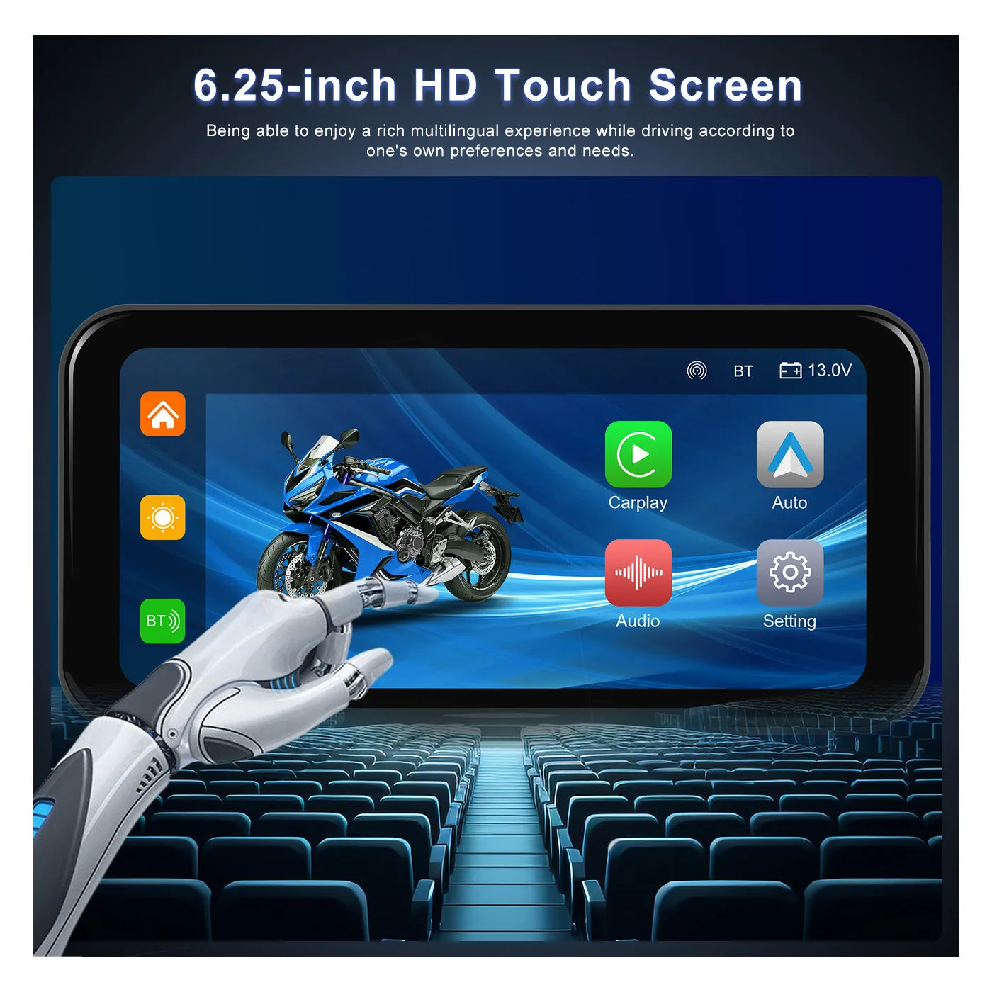 Podofo 6.25-inch Portable Motorcycle Carplay&Android Auto Screen With Steering Wheel Control Waterproof IP67, Bluetooth Helmet, Auto Brightness
