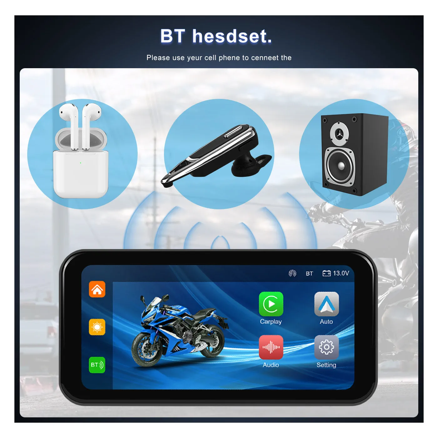 Podofo 6.25-inch Portable Motorcycle Carplay&Android Auto Screen With Steering Wheel Control Waterproof IP67, Bluetooth Helmet, Auto Brightness