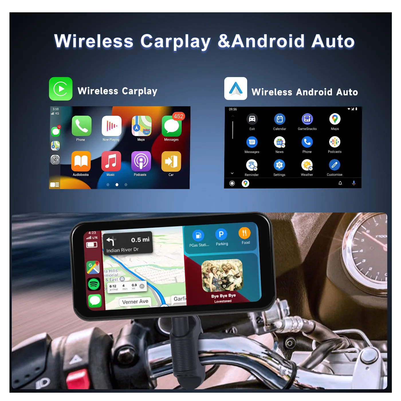 Podofo 6.25-inch Portable Motorcycle Carplay&Android Auto Screen With Steering Wheel Control Waterproof IP67, Bluetooth Helmet, Auto Brightness