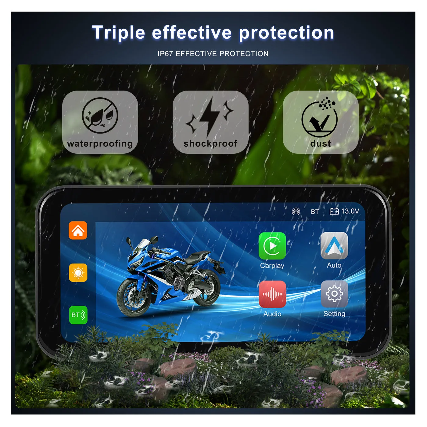 Podofo 6.25-inch Portable Motorcycle Carplay&Android Auto Screen With Steering Wheel Control Waterproof IP67, Bluetooth Helmet, Auto Brightness