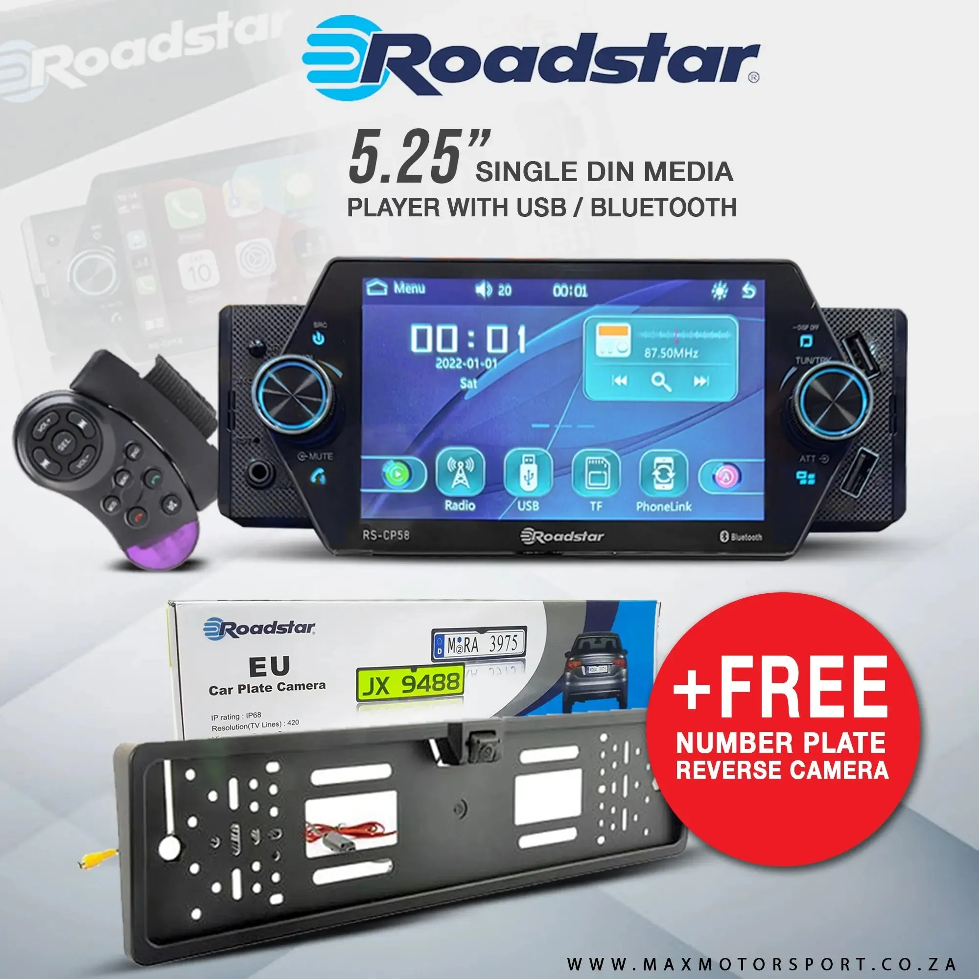 Roadstar 5.25 Inch Single Din Media Player  FREE Number Plate Camera