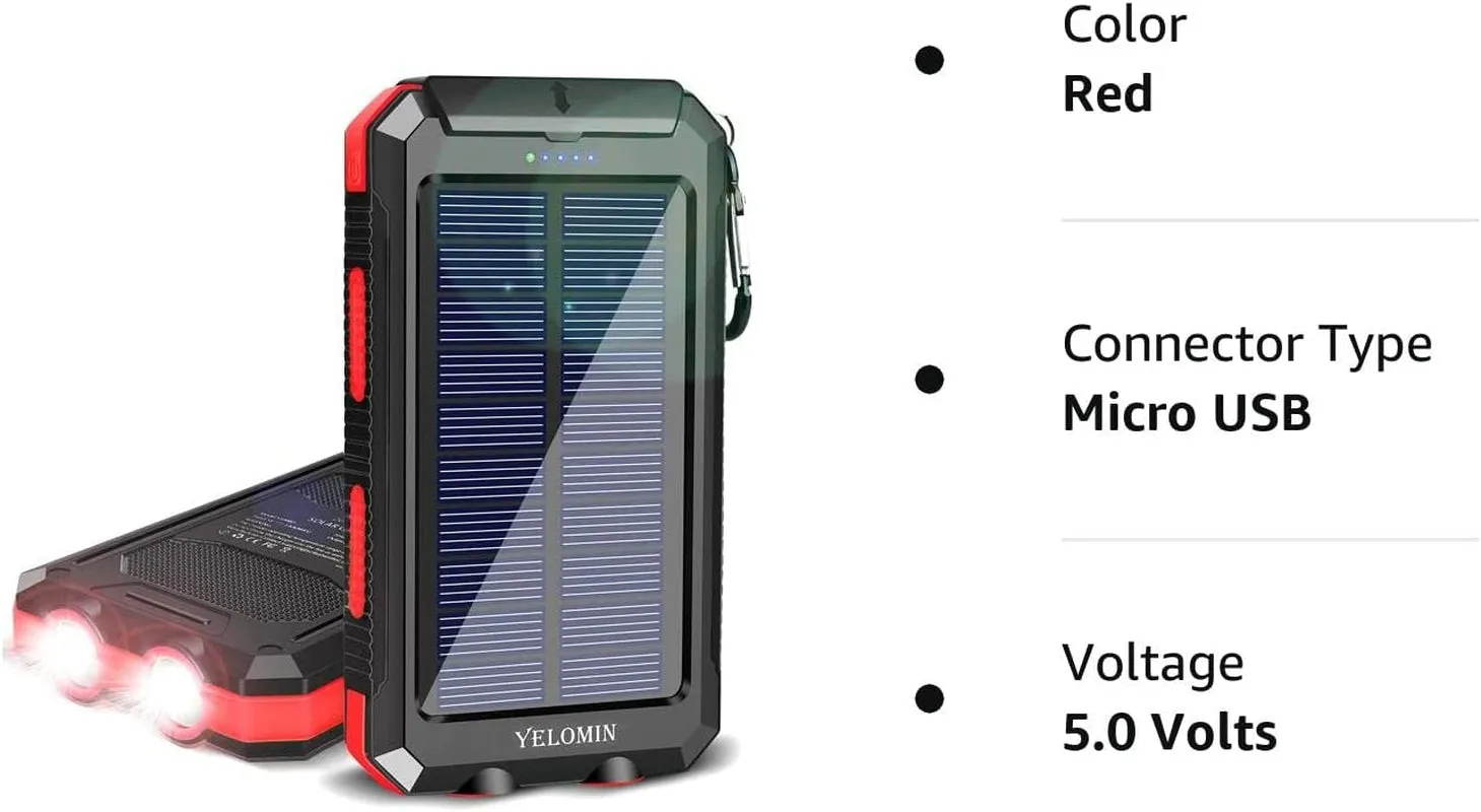Solar Charger, YELOMIN 20000Mah Portable Waterproof Solar Power Bank for Cellphones Tablets External Backup Battery Pack Built-In Dual USB Outputs/Led Flashlights, Suitable for Outdoor Camping Travel