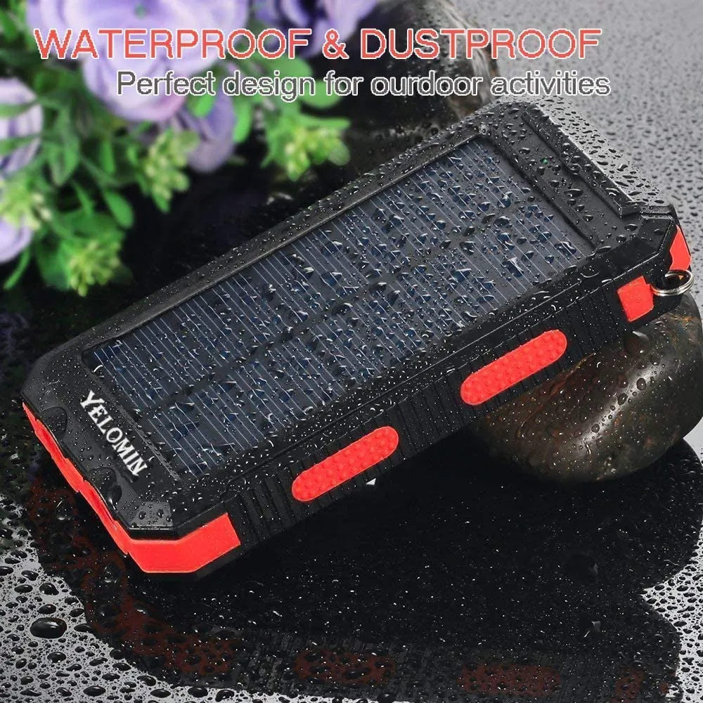 Solar Charger, YELOMIN 20000Mah Portable Waterproof Solar Power Bank for Cellphones Tablets External Backup Battery Pack Built-In Dual USB Outputs/Led Flashlights, Suitable for Outdoor Camping Travel