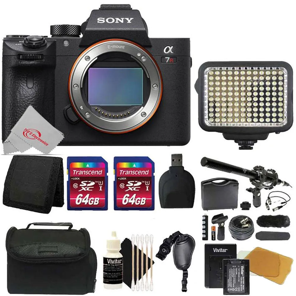 Sony Alpha a7R III Mirrorless Digital Camera (Body Only)   2x 64GB Memory Card   VidPro Shotgun Microphone Kit   120 Led Light Panel    Case   Reader   Wallet   Grip Strap   3pc Cleaning Kit