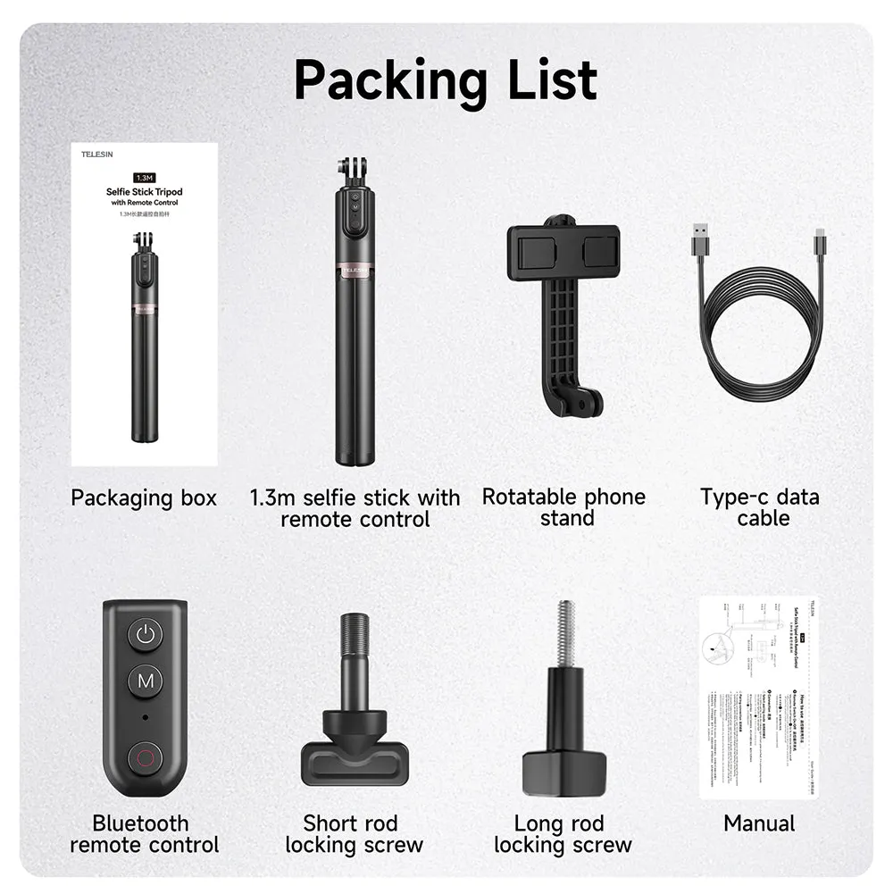 TELESIN Upgraded 1.3m Bluetooth Remote Control Selfie Stick for GoPro/Phone
