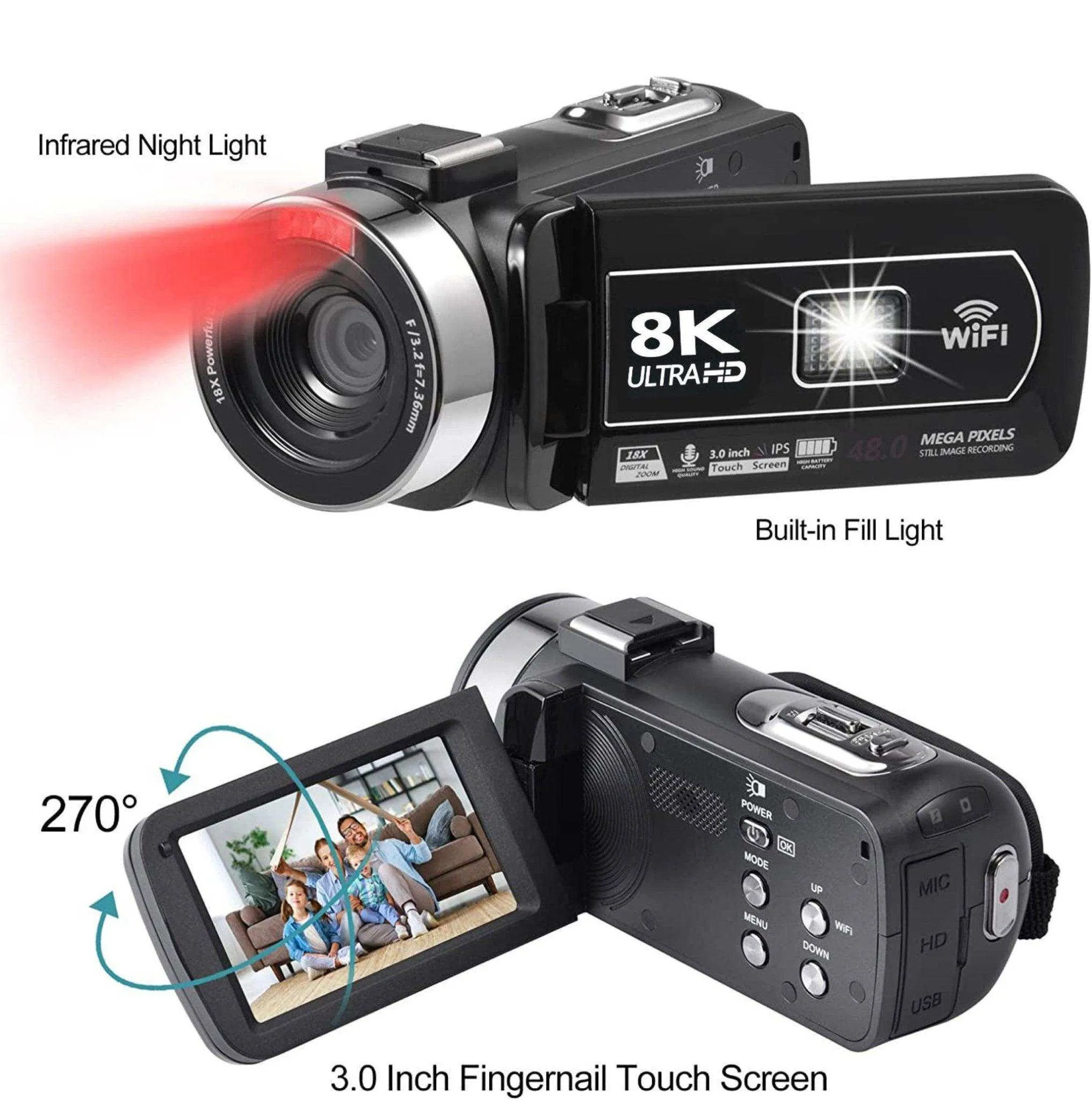 TUTT 8K 48MP Camcorder WIFI Digital Video Camera Youtube Streaming Vlogging Recorder 18X Time-Lapse WIFI Webcam Night Vision | Premium Combo 128GB SanDisk 3 in 1 SD/TF/Charging Kit
