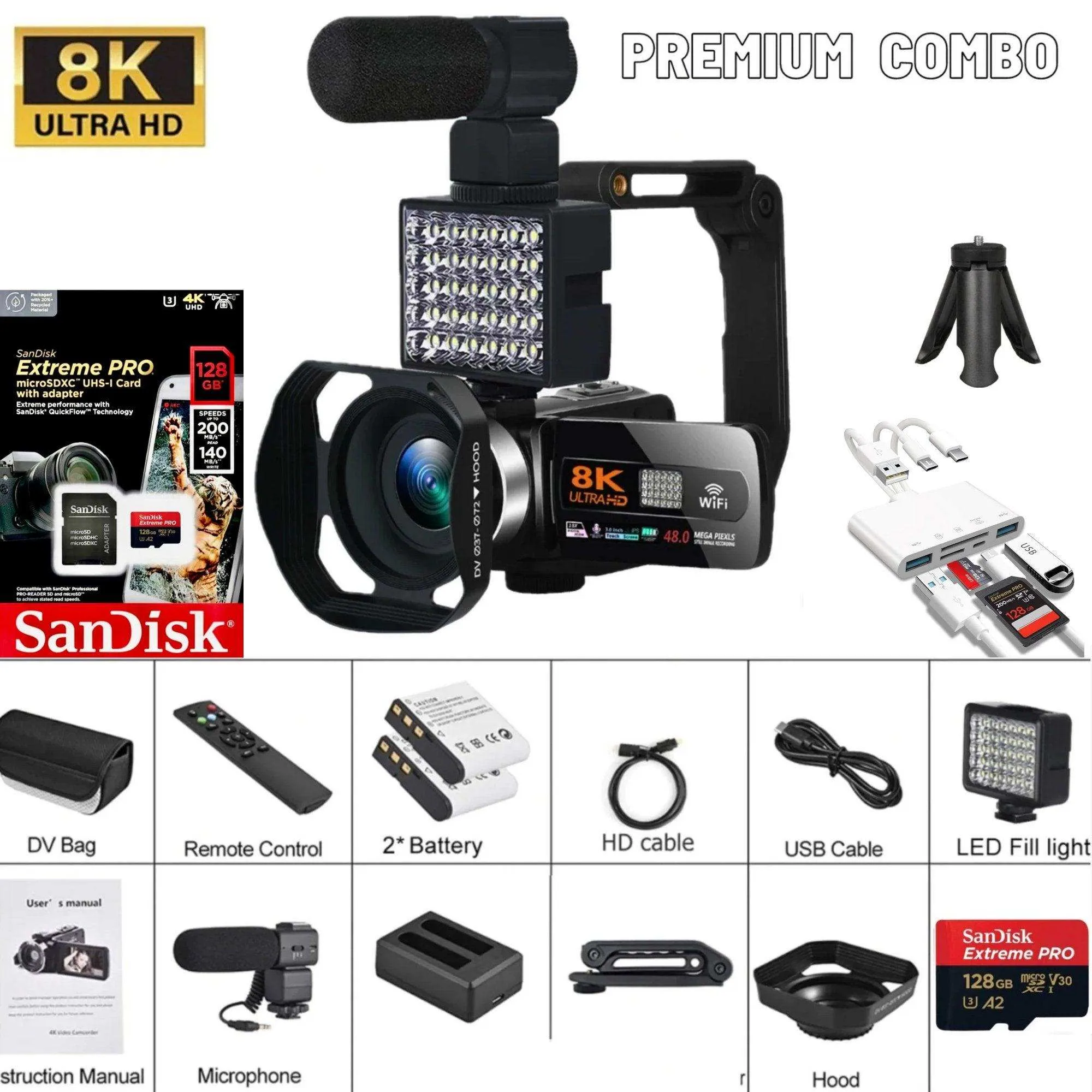 TUTT 8K 48MP Camcorder WIFI Digital Video Camera Youtube Streaming Vlogging Recorder 18X Time-Lapse WIFI Webcam Night Vision | Premium Combo 128GB SanDisk 3 in 1 SD/TF/Charging Kit