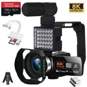 TUTT 8K 48MP Camcorder WIFI Digital Video Camera Youtube Streaming Vlogging Recorder 18X Time-Lapse WIFI Webcam Night Vision | Premium Combo 128GB SanDisk 3 in 1 SD/TF/Charging Kit