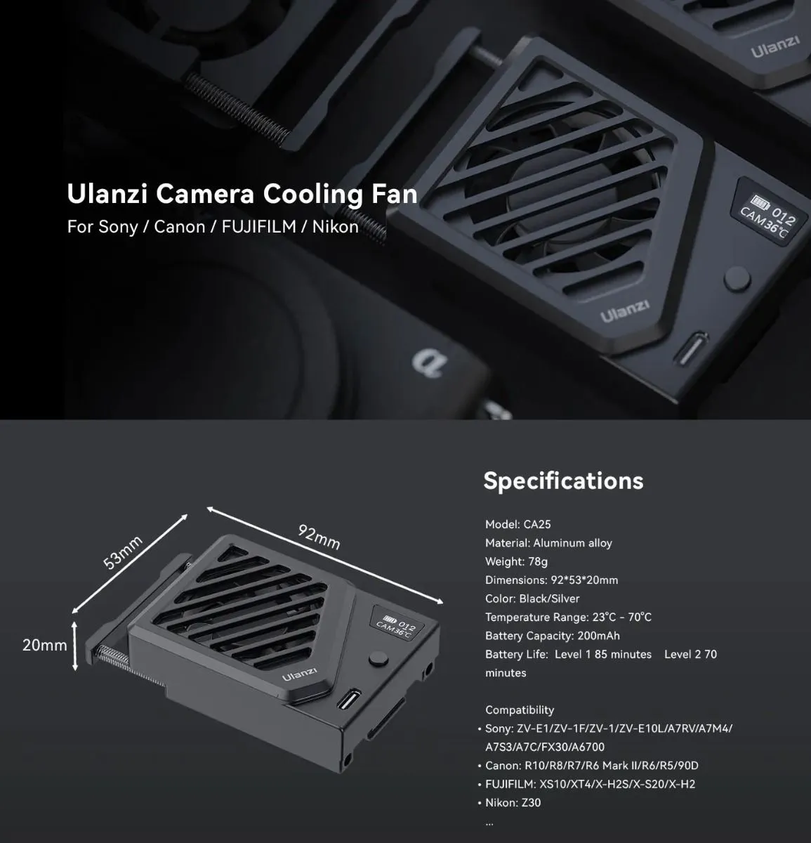 Ulanzi Camera Cooling Fan For Sony / Canon / FUJIFILM Sliver