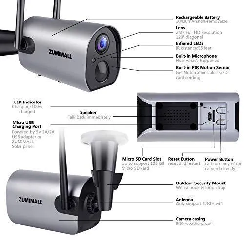 Wireless Outdoor WiFi Security Camera, Rechargeable Battery-Powered Home Security Camera, 1080P Night Vision/Waterproof, PIR Motion Detection, 2-Way Audio, Compatible with Cloud Storage/SD Slot